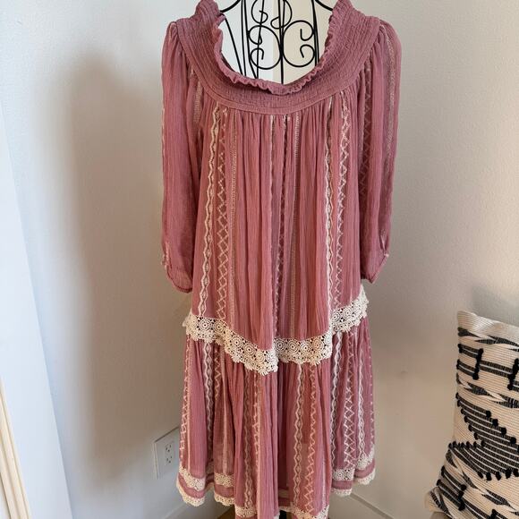 Anthropologie Floreat Orchard Pink Off Shoulder Boho Romantic Chiffon Mini Dress - Picture 2 of 10